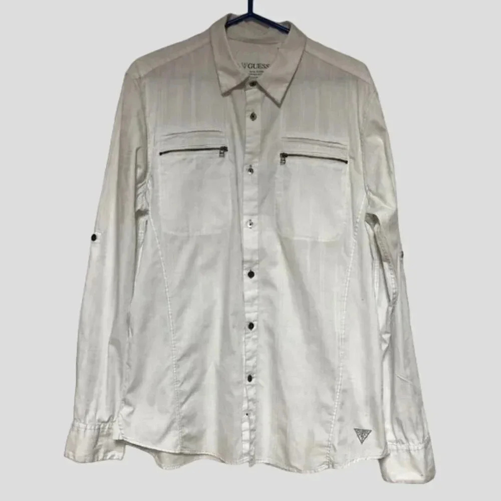Guess White Cotton Button Down Long Sleeve Collared Dress Shirt